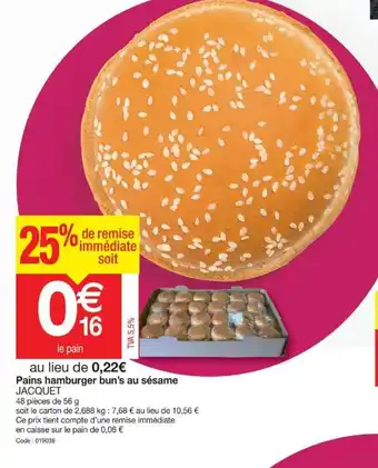 Promocash Pains Hamburger Bun's Au Sésame offre