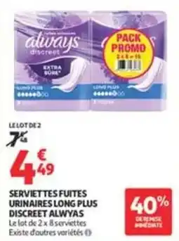 Auchan Supermarché Always Serviettes fuites urinaires long plus discreet offre