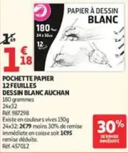 Auchan Supermarché Auchan pochette papier 12 feuilles dessin blanc offre