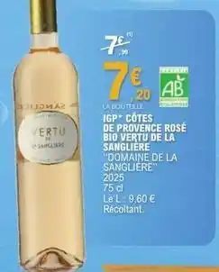 E.Leclerc La sangliere - igp cotes de provence rosé bio vertù de offre