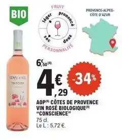 E.Leclerc Aop côtes de provence vin rosé biologique offre