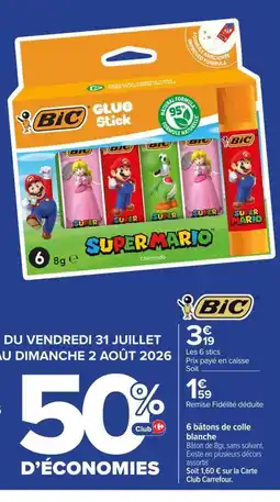 Carrefour Bic 6 batons de colle blance offre
