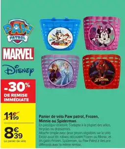 Carrefour Panier de vélo paw patrol, frozen, minnie ou spiderman offre