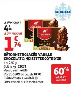 Auchan CÔTE D'OR BÂTONNETS GLACÉS VANILLE CHOCOLAT & NOISETTES offre