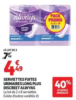 Auchan ALWAYS Serviettes fuites urinaires long plus discreet offre