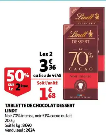 Auchan Lindt tablette de chocolat dessert offre