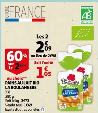 Auchan La boulangere pains au lait bio offre