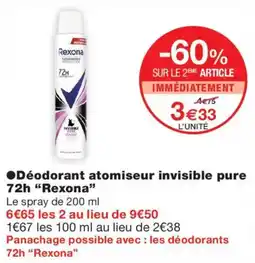 Monoprix Rexona Déodorant atomiseur invisible pure 72h offre