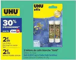 Carrefour Drive Uhu - 2 bâtons de colle blanche gold offre