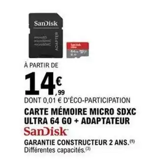 E.Leclerc Carte mémoire micro SDXC ultra 64 go +adaptateur offre