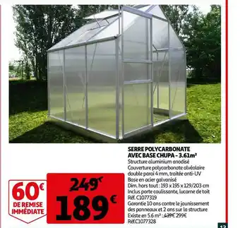Auchan Serre Polycarbonate Avec Base Chupa -3.61m2 offre