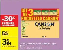 Carrefour Canson - lot de 3 pochettes de 12 feuilles de papier dessin offre