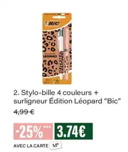 Monoprix BIC Stylo-bille 4 couleurs + surligneur Édition Léopard offre