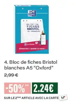 Monoprix Oxford Bloc de fiches Bristol blanches A5 offre