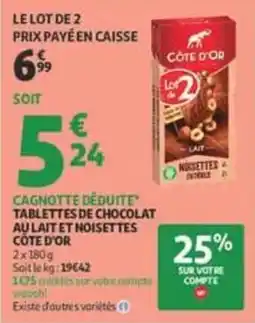 Auchan Supermarché CÔTE D'OR TABLETTES DE CHOCOLAT AU LAIT ET NOISETTES offre