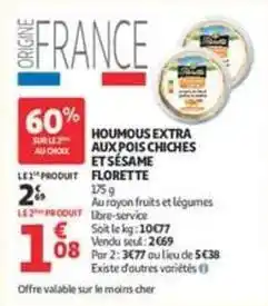 Auchan Supermarché Florette - houmous extra aux pois chiches et sésame offre