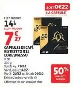 Auchan Supermarché L'or - capsules de cafe ristretton 11 espresso offre