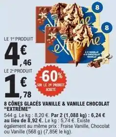 E.Leclerc Extrême - 8 cônes glacés vanille & vanille chocolat offre
