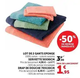 Hyper U Lot de 2 gants eponge serviette 50x90cm offre