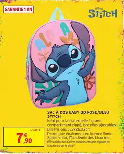 Intermarché Stitch SAC À DOS BABY 3D ROSE/BLEU offre