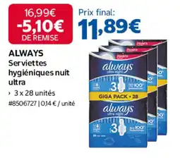 Costco ALWAYS Serviettes hygiéniques nuit ultra offre