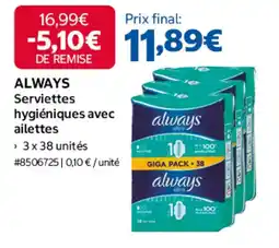 Costco ALWAYS Serviettes hygiéniques avec ailettes offre
