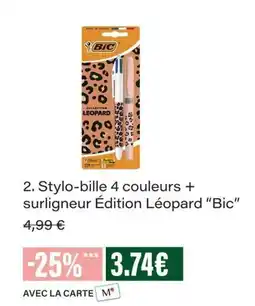 Monop' Bic Stylo-bille 4 couleurs + surligneur Édition Léopard offre