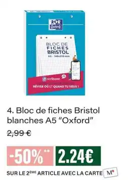 Monop' Oxford Bloc de fiches Bristol blanches A5 offre