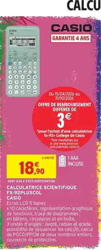 Intermarché Hyper CASIO CALCULATRICE SCIENTIFIQUE FX-92PLUSCOL offre