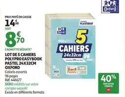 Auchan OXFORD Lot de 5 cahiers polypro easybook pastel offre