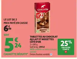 Auchan CÔTE D'OR Tablettes au chocolat au lait et noisettes offre