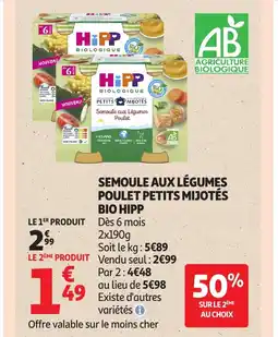 Auchan Semoule aux légumes poulet petits mijotés bio hipp offre