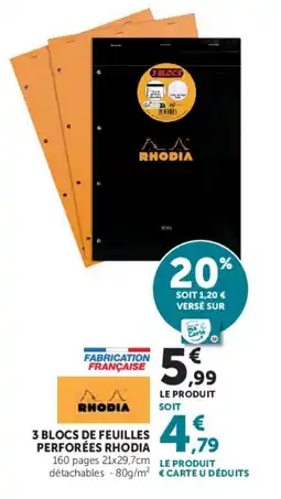 Super U RHODIA 3 blocs de feuilles perforées offre