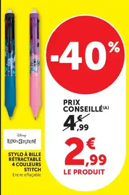 Super U Lilo & Stitch Stylo à bille rétractable 4 couleurs Stitch offre