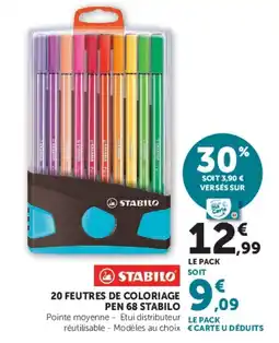 Hyper U STABILO 20 FEUTRES DE COLORIAGE PEN 68 offre
