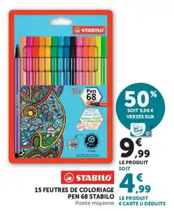 Hyper U STABILO 15 FEUTRES DE COLORIAGE PEN 68 STABILO offre