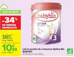 Carrefour Market BABYBIO Lait en poudre de croissance Optima Bio offre