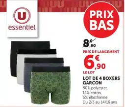 Hyper U essentiel LOT DE 4 BOXERS GARCON offre