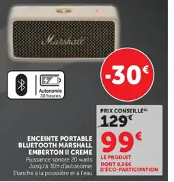 Hyper U Marshall ENCEINTE PORTABLE BLUETOOTH EMBERTON II CREME offre