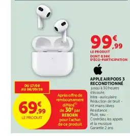 Hyper U APPLE AIRPODS 3 RECONDITIONNÉ offre