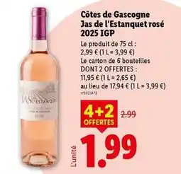 Lidl Côtes de gascogne jas de l'estanquet rosé 2025 igp offre