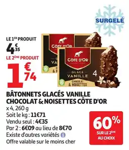 Auchan Direct CÔTE D'OR BÂTONNETS GLACÉS VANILLE CHOCOLAT & NOISETTES offre