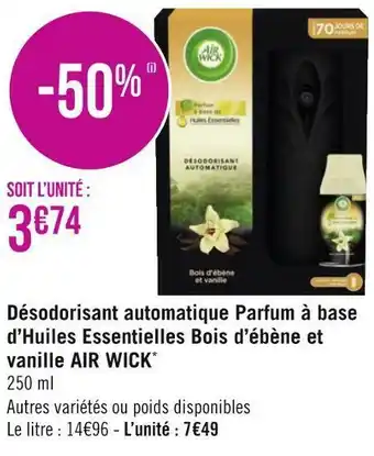 Géant Casino Air wick désodorisant automatique parfum à base d’huiles essentielles bois d’ébène et vanille offre