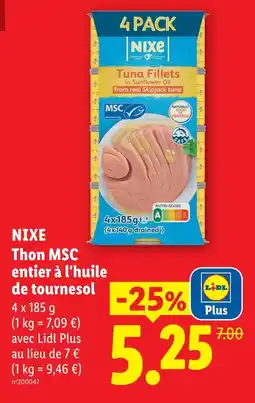 Lidl Nixe thon msc entier à l'huile de tournesol offre