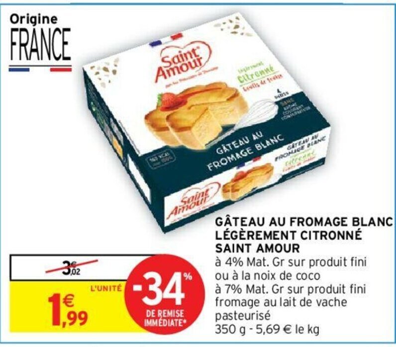 Promo Gateau Au Fromage Blanc Legerement Citronne Saint Amour Chez Intermarche