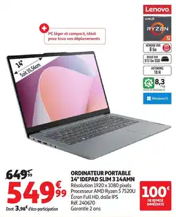 Auchan Lenovo ORDINATEUR PORTABLE 14" IDEPAD SLIM 3 14AMN offre