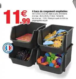 Bazarland 4 bacs de rangement empilables offre