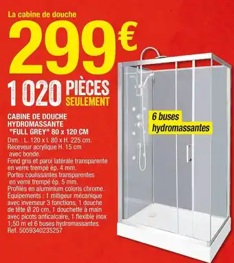 Brico Dépôt Cabine de douche hydromassante "full grey" 80 x 120 cm offre