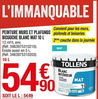 Brico Dépôt Tollens peinture murs et plafonds bicouche blanc mat 10 l offre