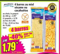 Norma Meandros 4 barres au miel sésame ou cacahuètes offre